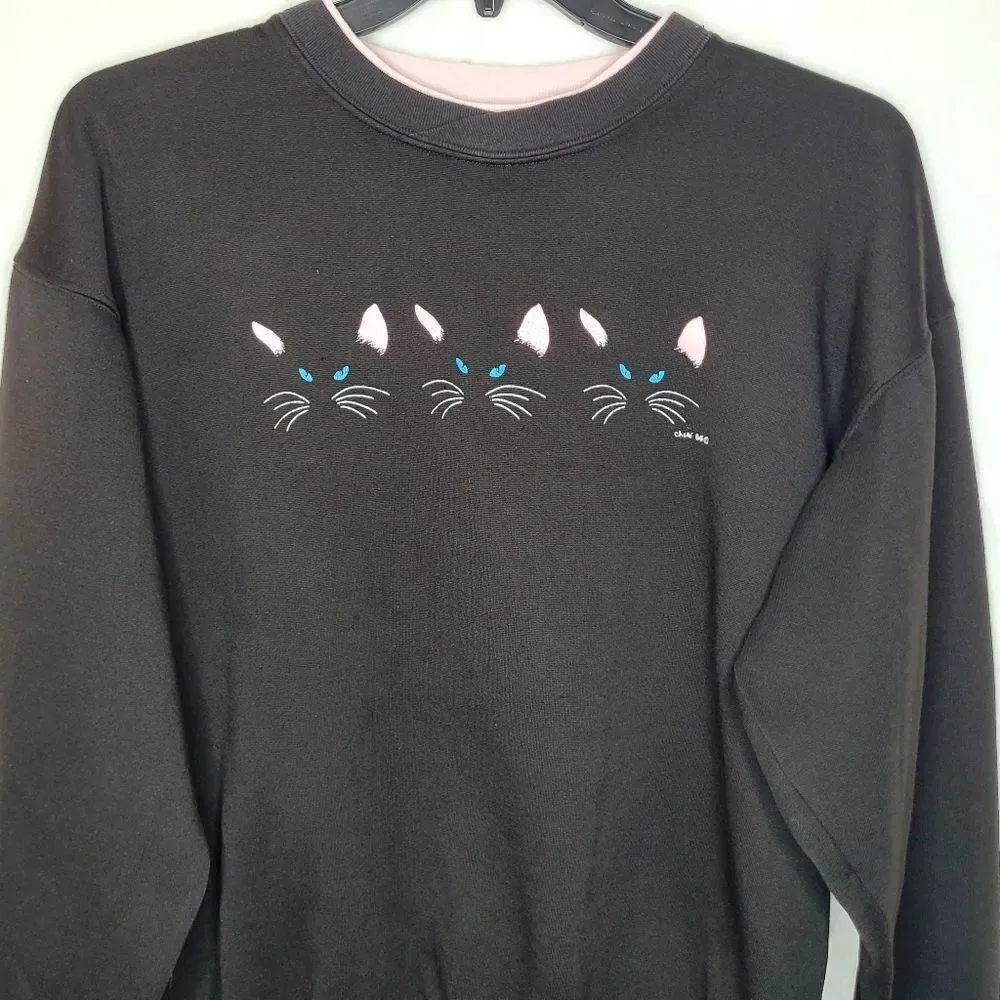 Vintage‎ 80s Acton Cat Face Printed Sweatshirt Size Large